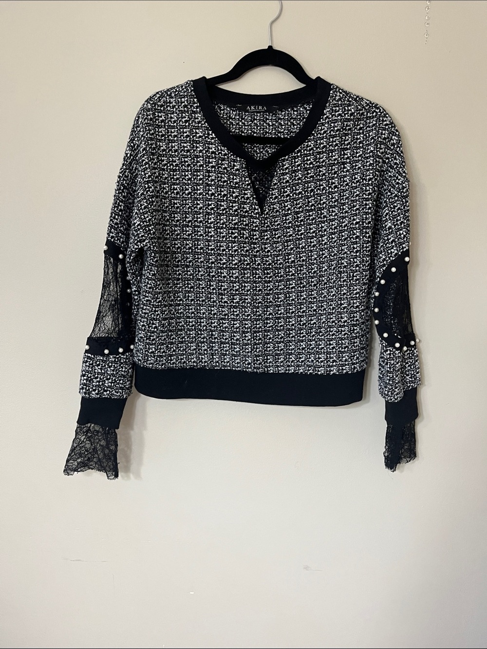 AKIRA Black & White Tweed Lace Sleeve Pearl Pullover